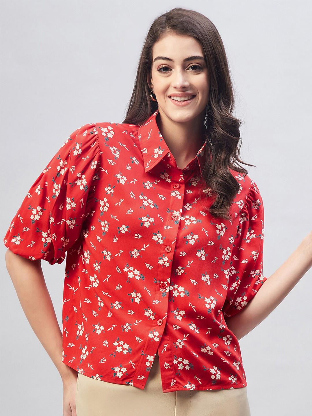 Carlton London Floral Print Shirt Style Crop Top, Red 
Carlton London Floral Print Shirt Style Crop Top, Red