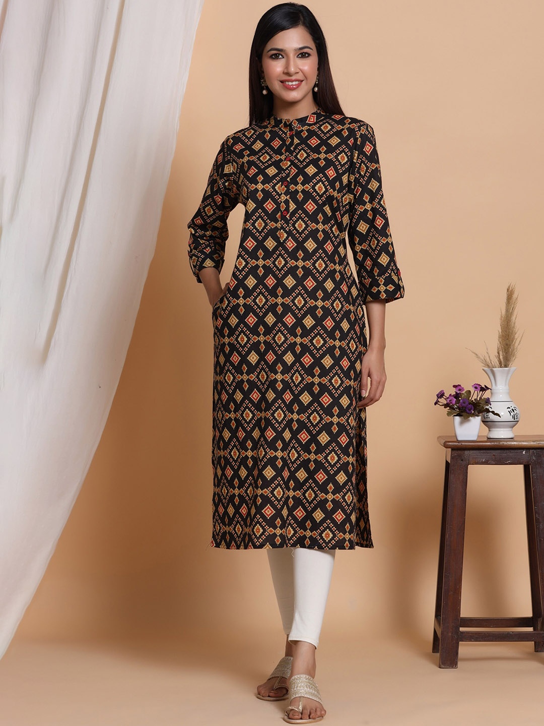 mirari Ethnic Motifs Printed Cotton Kurta, Brown