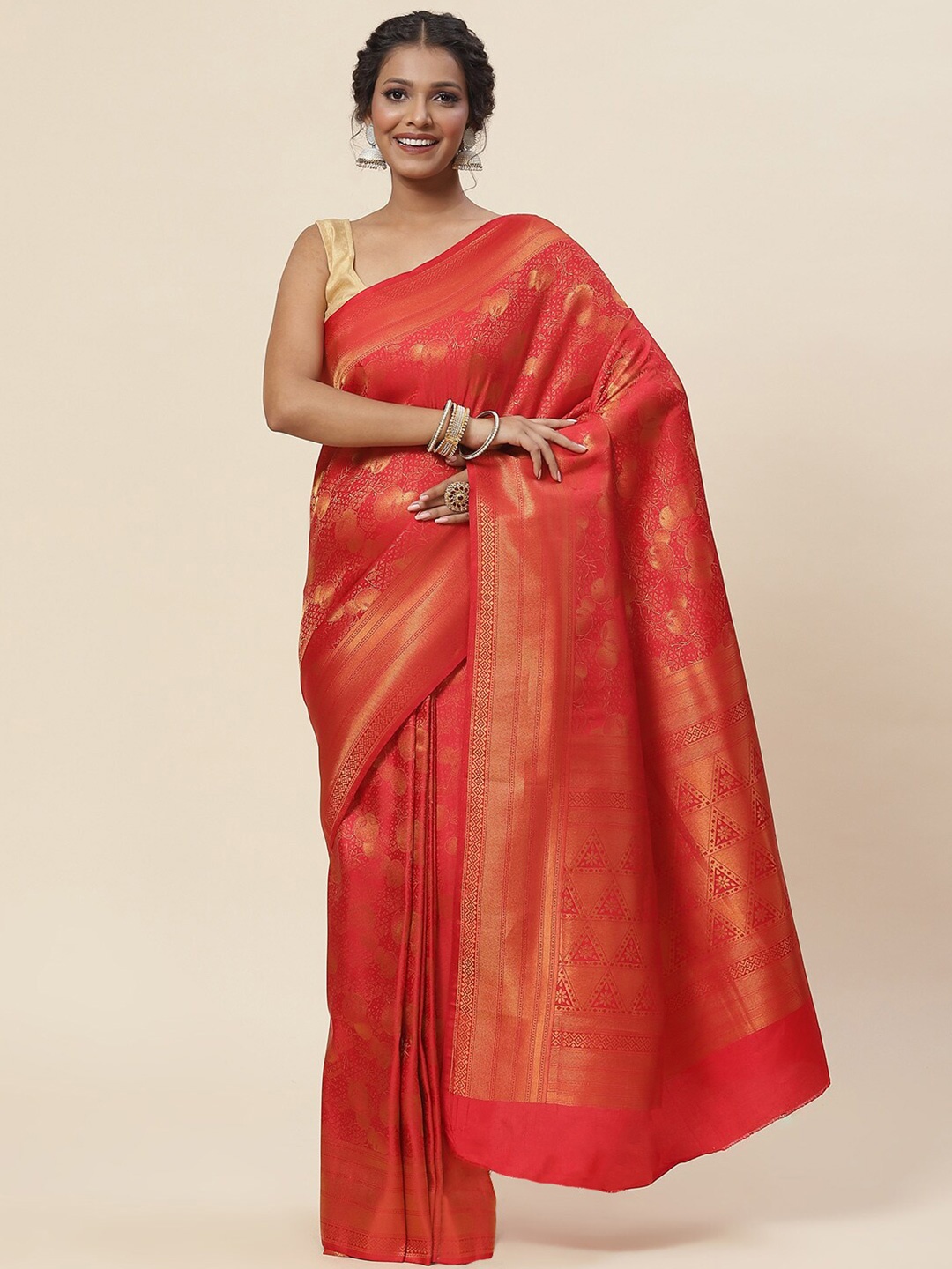 Meena Bazaar Floral Zari Art Silk Saree, Red