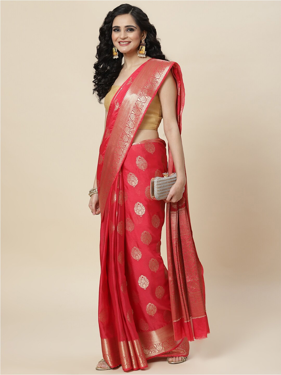 Meena Bazaar Ethnic Motifs Zari Saree, Pink