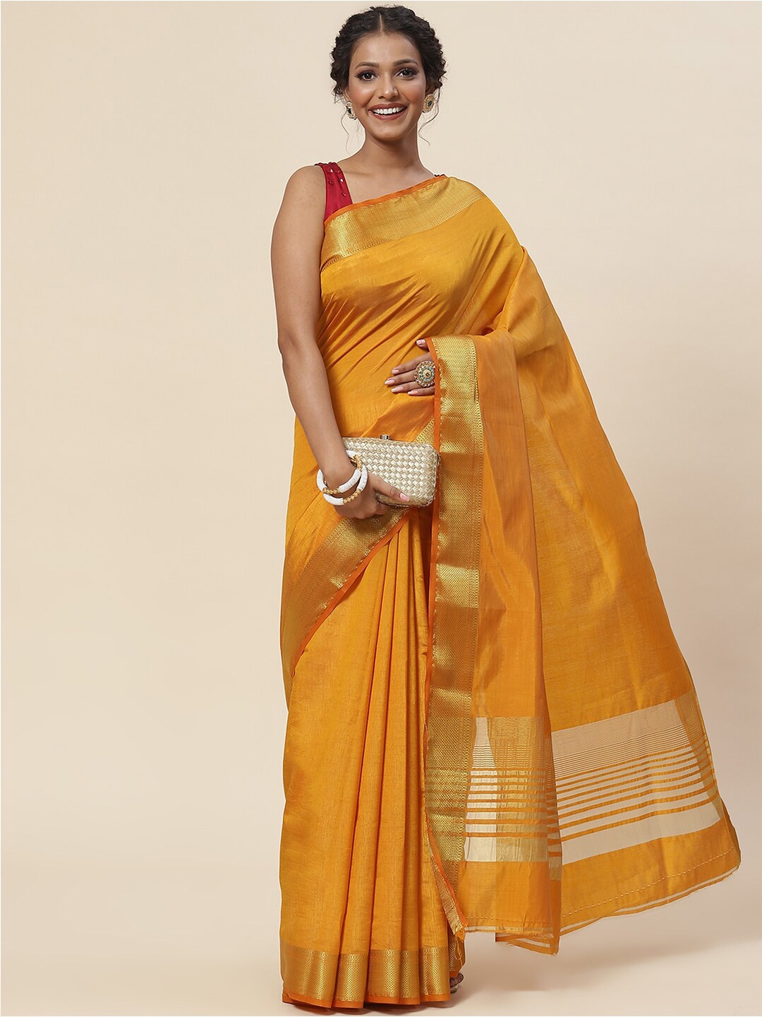 Meena Bazaar Mustard & Gold-Toned Zari Art Silk Saree