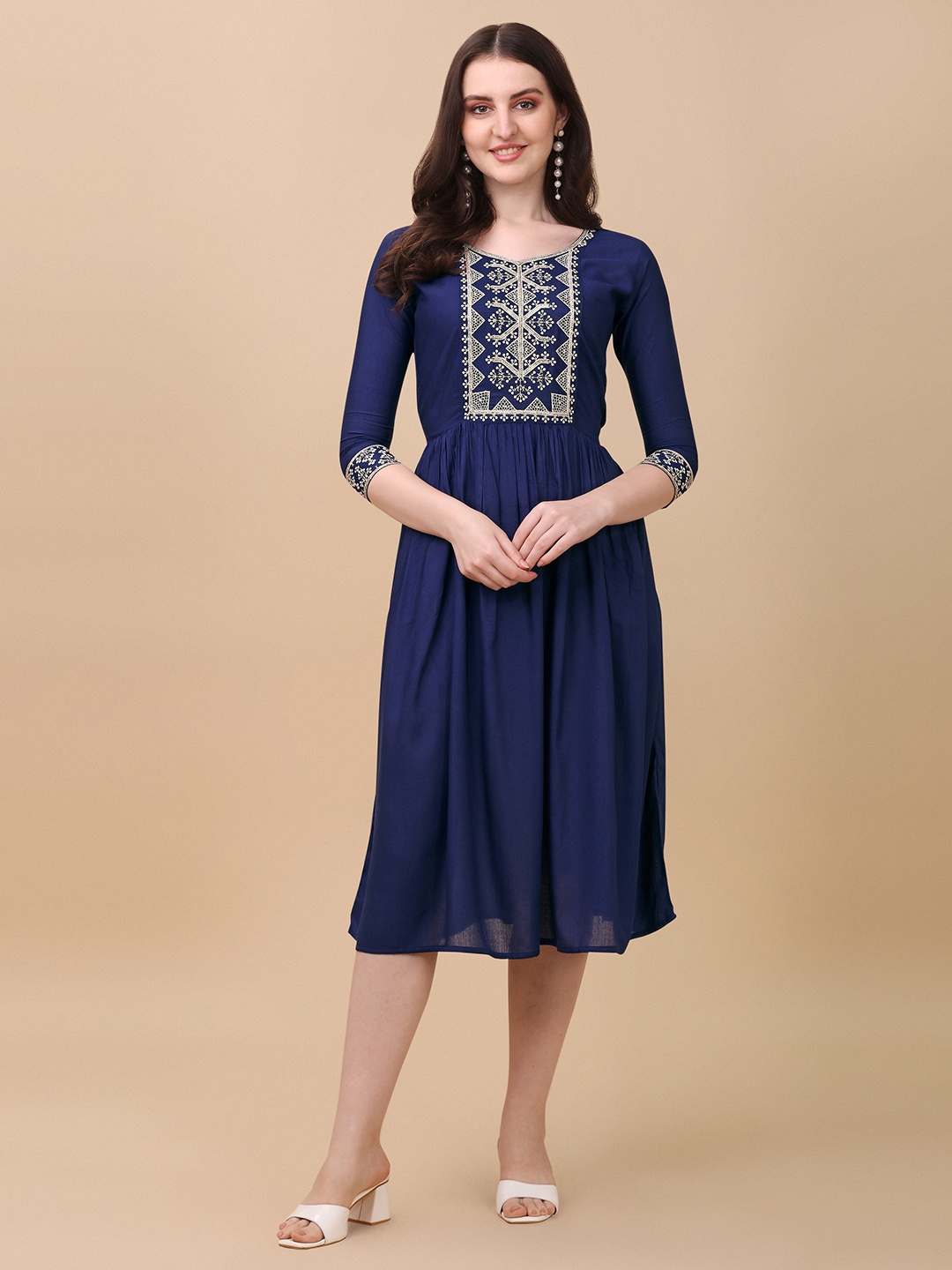 Paralians Fit And Flare Midi Dress, Navy blue
