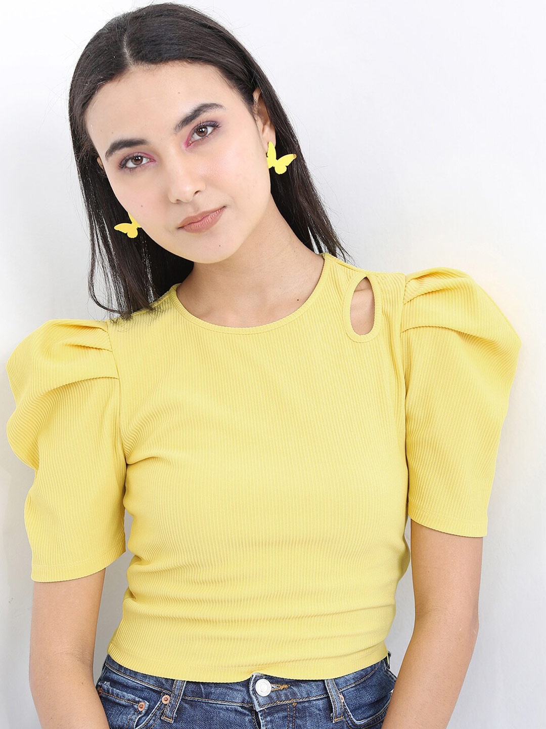 Tokyo Talkies Puff Sleeved Crop Top, Yellow