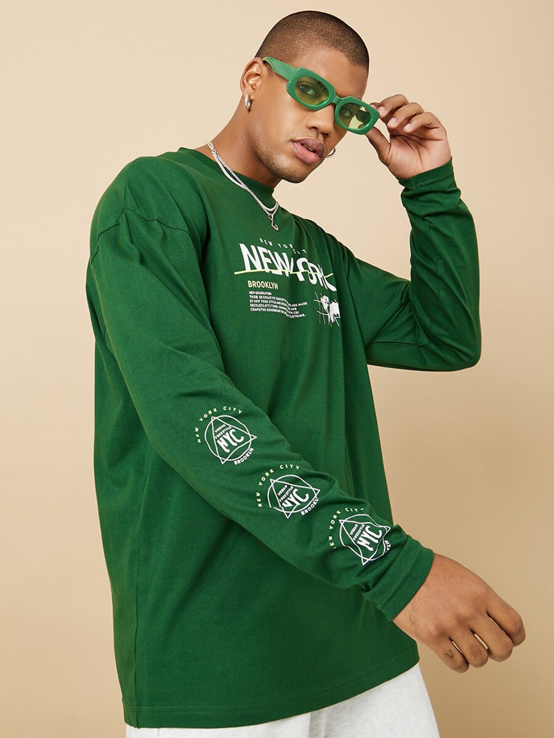 Styli Men Long Sleeve Oversized T-Shirt With Front Sleeve Print Detail, Green