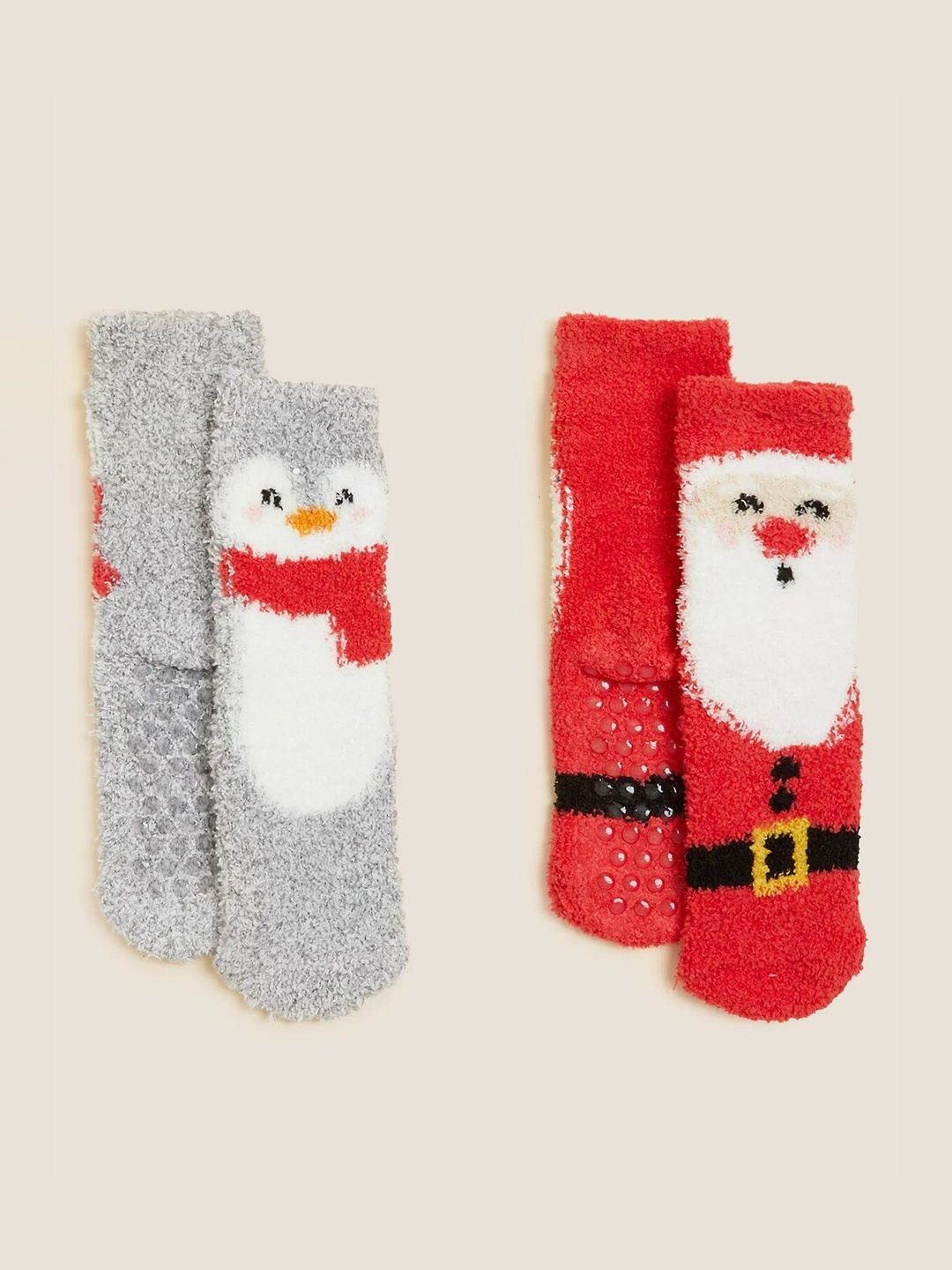 Marks & Spencer Kids Pack Of 2 Santa Patterned Ankle-Length Socks, Red