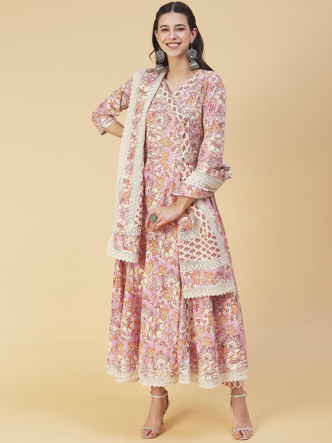 FASHOR Women Floral Printed Angrakha Gotta Patti Pure Cotton Kurta With Trousers & Dupatta, Lavender
FASHOR Women Floral Printed Angrakha Gotta Patti Pure Cotton Kurta With Trousers & Dupatta, Lavender