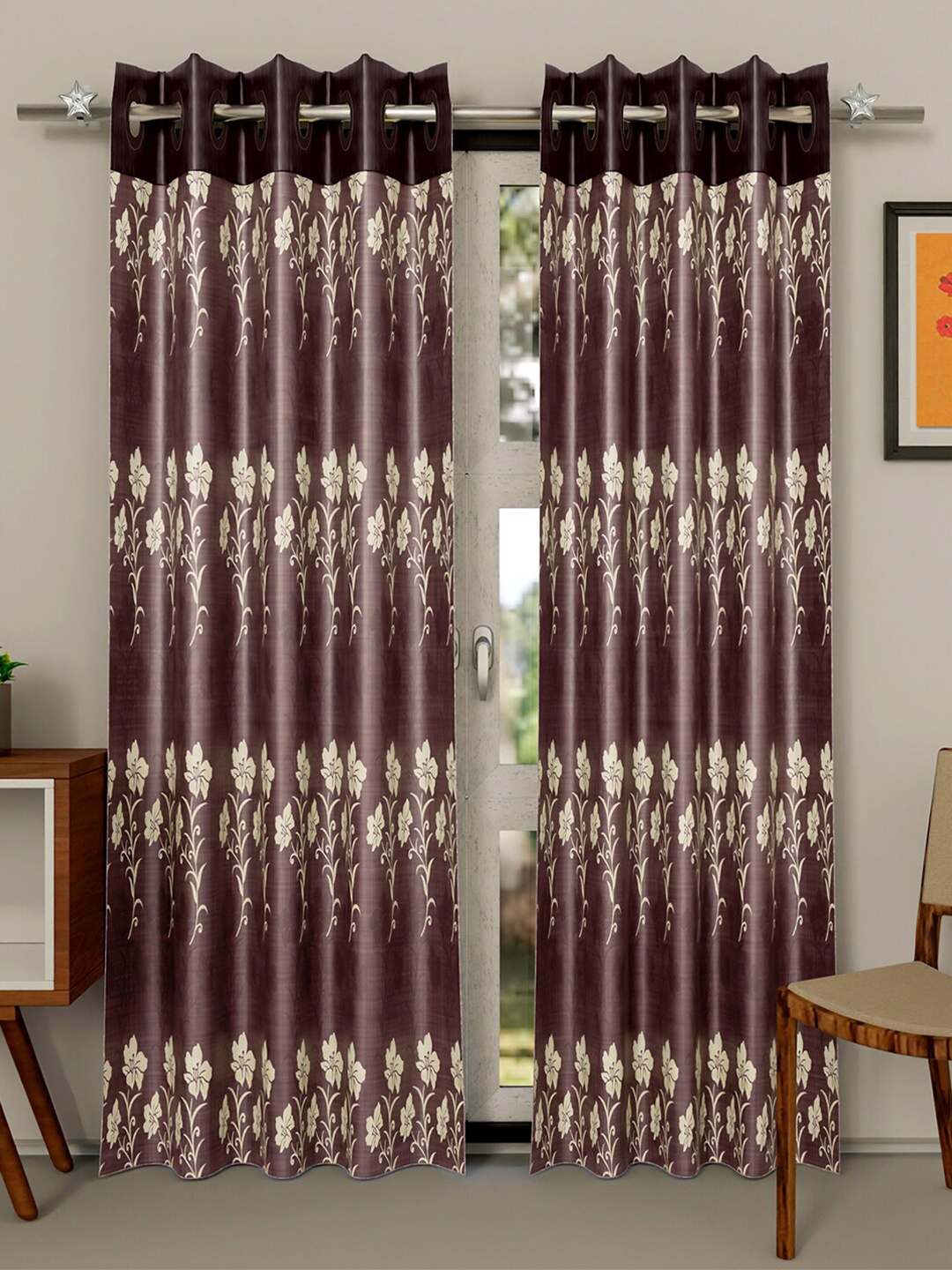 Kuber Industries Coffee Brown & Cream Set of 2 Floral Door Curtain