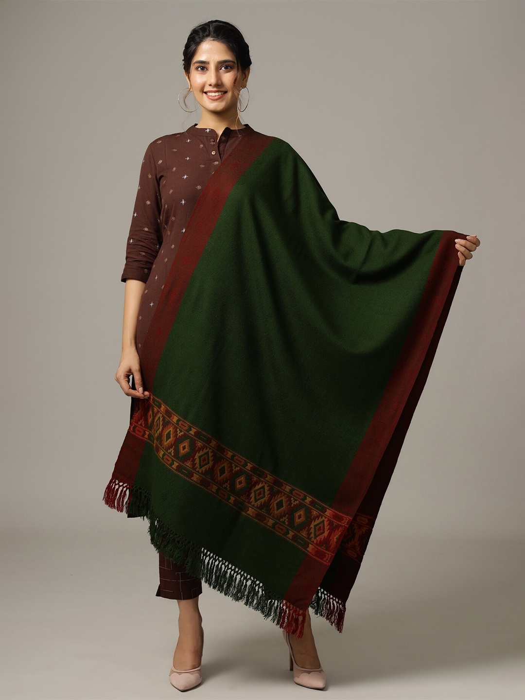 HANDICRAFT PALACE Women Woven Design Wool Stole, Green