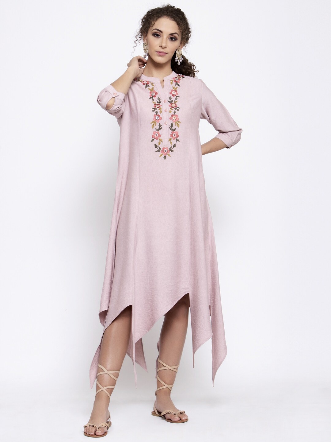 LELA Floral Embroidered A-Line Midi Dress, Pink
