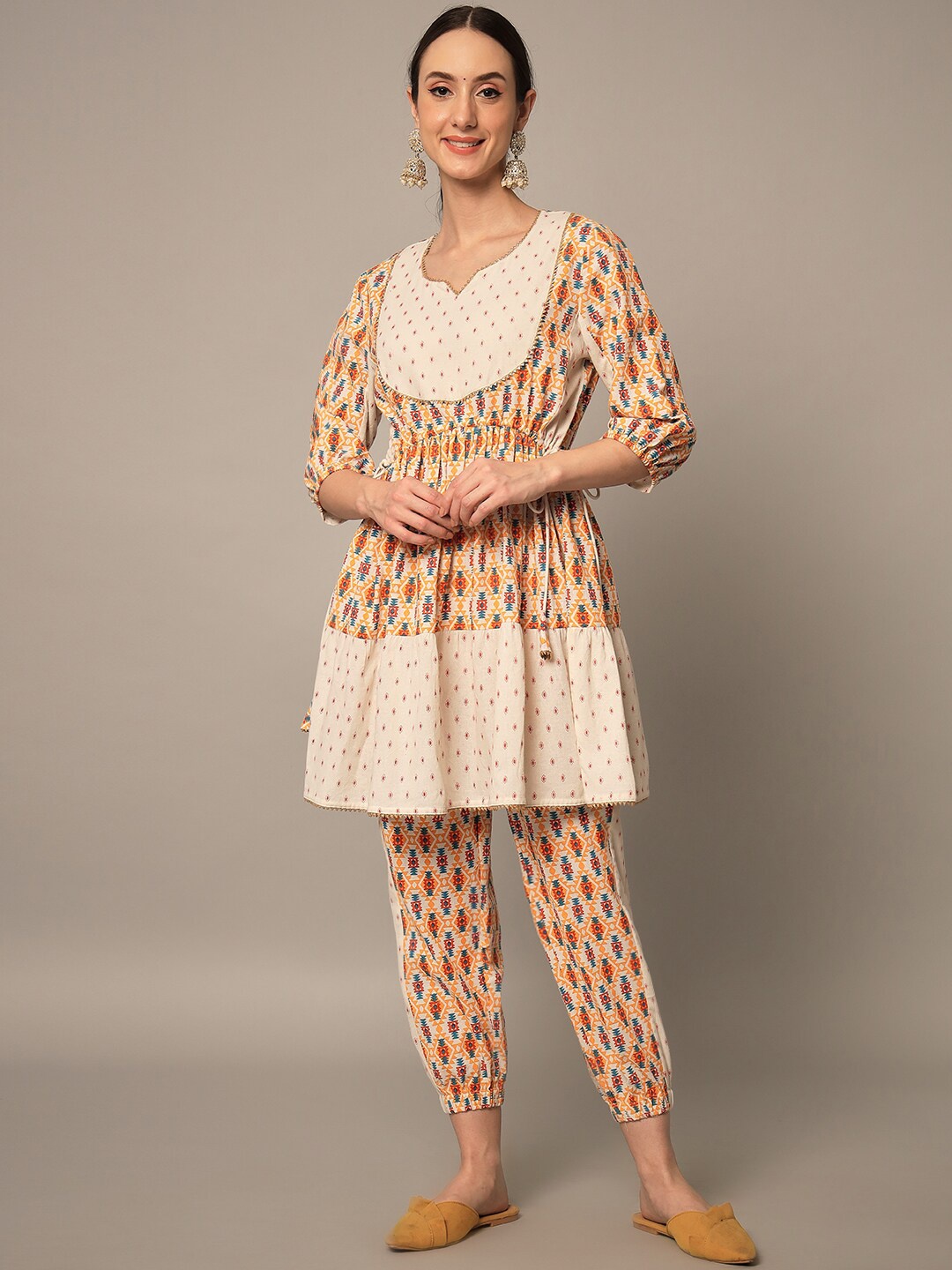 Yaadleen Women Multicoloured Ethnic Motifs Printed Empire Pure Cotton Kurti with Pyjamas, Multi
Yaadleen Women Multicoloured Ethnic Motifs Printed Empire Pure Cotton Kurti with Pyjamas, Multi