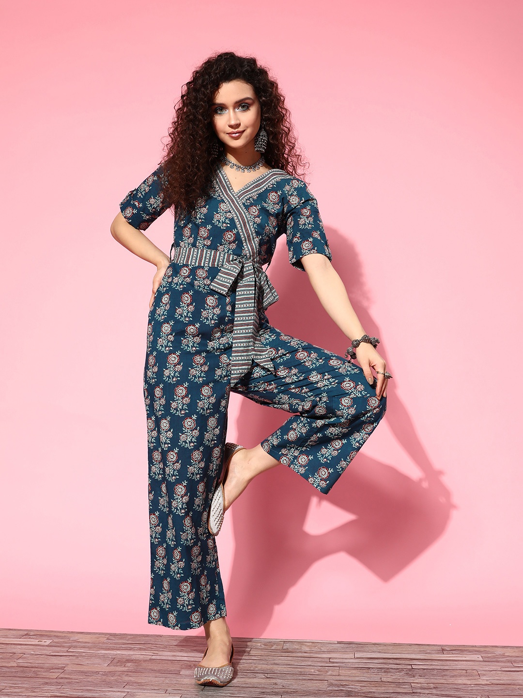 Yufta Floral Printed Cotton Culotte Jumpsuit, Teal
