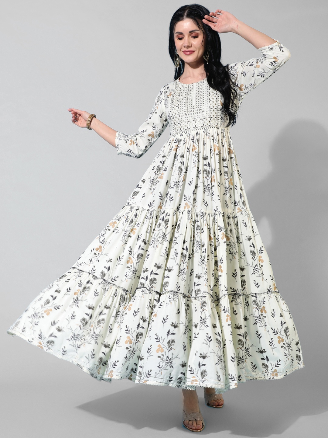 GULMOHAR JAIPUR Women Cream-Coloured Embroidered Keyhole Neck Flared Sleeves Thread Work Anarkali Kurta