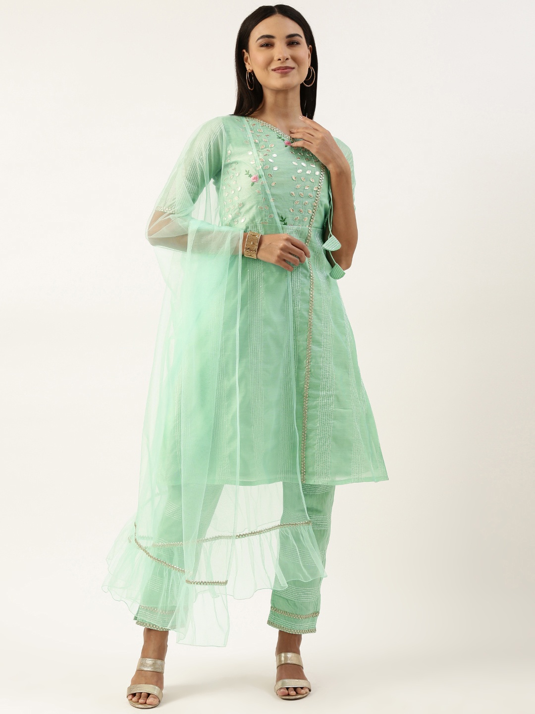 Ethnovog Floral Embroidered Angrakha Gotta Patti Kurta With Trousers & Dupatta, Sea green
Ethnovog Floral Embroidered Angrakha Gotta Patti Kurta With Trousers & Dupatta, Sea green