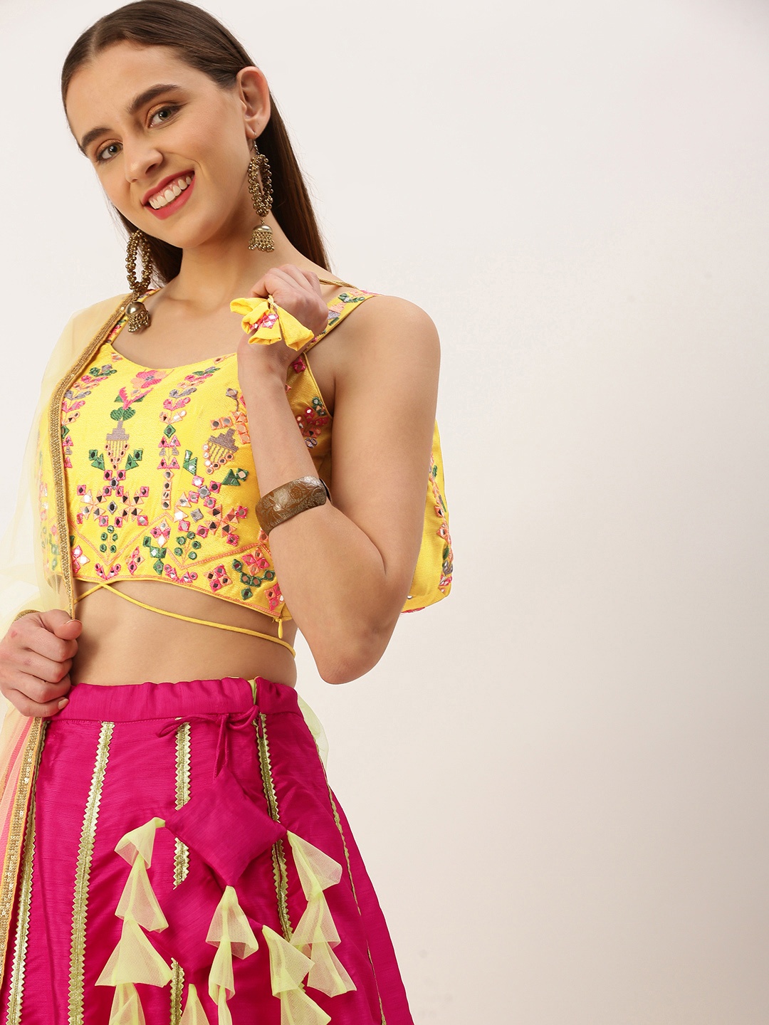Ethnovog Embellished Mirror Work Ready to Wear Lehenga & Blouse With Dupatta & Potli, Yellow
