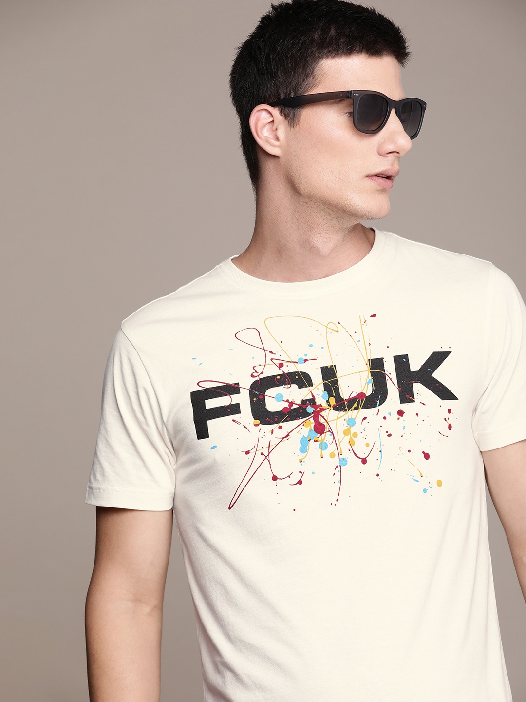 FCUK Brand Logo Printed Pure Cotton T-shirt, Off white