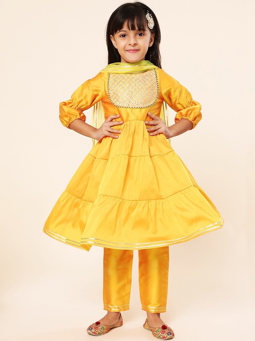 A.T.U.N. Girls Yoke Design Tiered Kurta with Trousers & Dupatta, Mustard
A.T.U.N. Girls Yoke Design Tiered Kurta with Trousers & Dupatta, Mustard