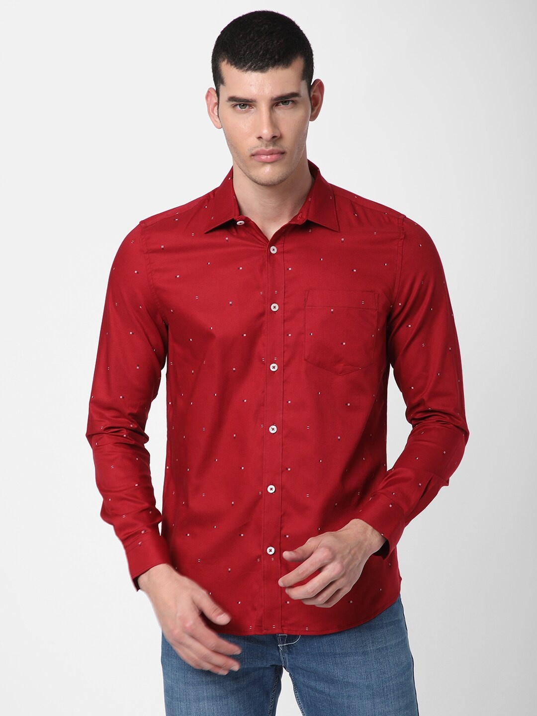 R&B Men Printed Casual Cotton Shirt, Maroon