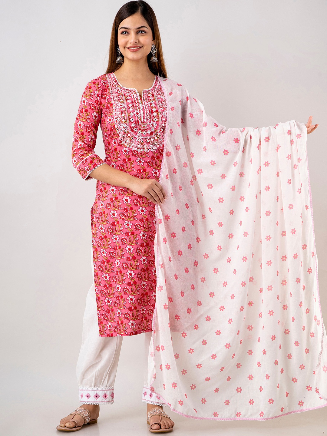 OMASK Women Floral Embroidered Mirror Work Pure Cotton Kurta with Salwar & With Dupatta, Pink
OMASK Women Floral Embroidered Mirror Work Pure Cotton Kurta with Salwar & With Dupatta, Pink
