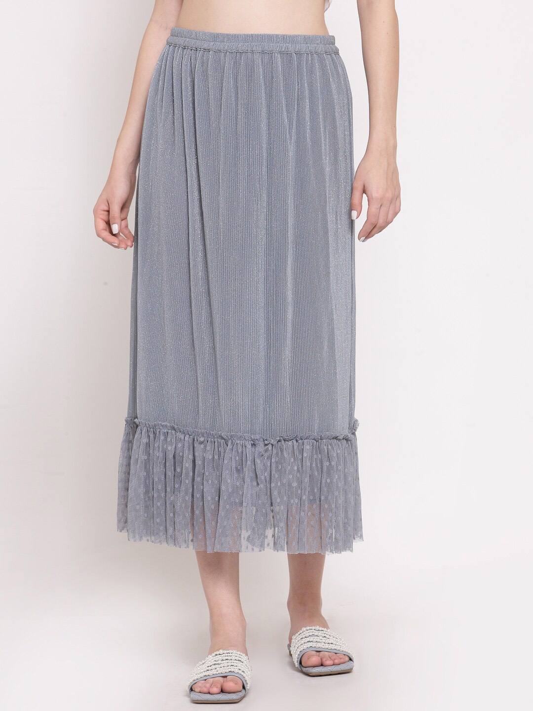 LELA Women Frill Hem Midi Skirt, Grey