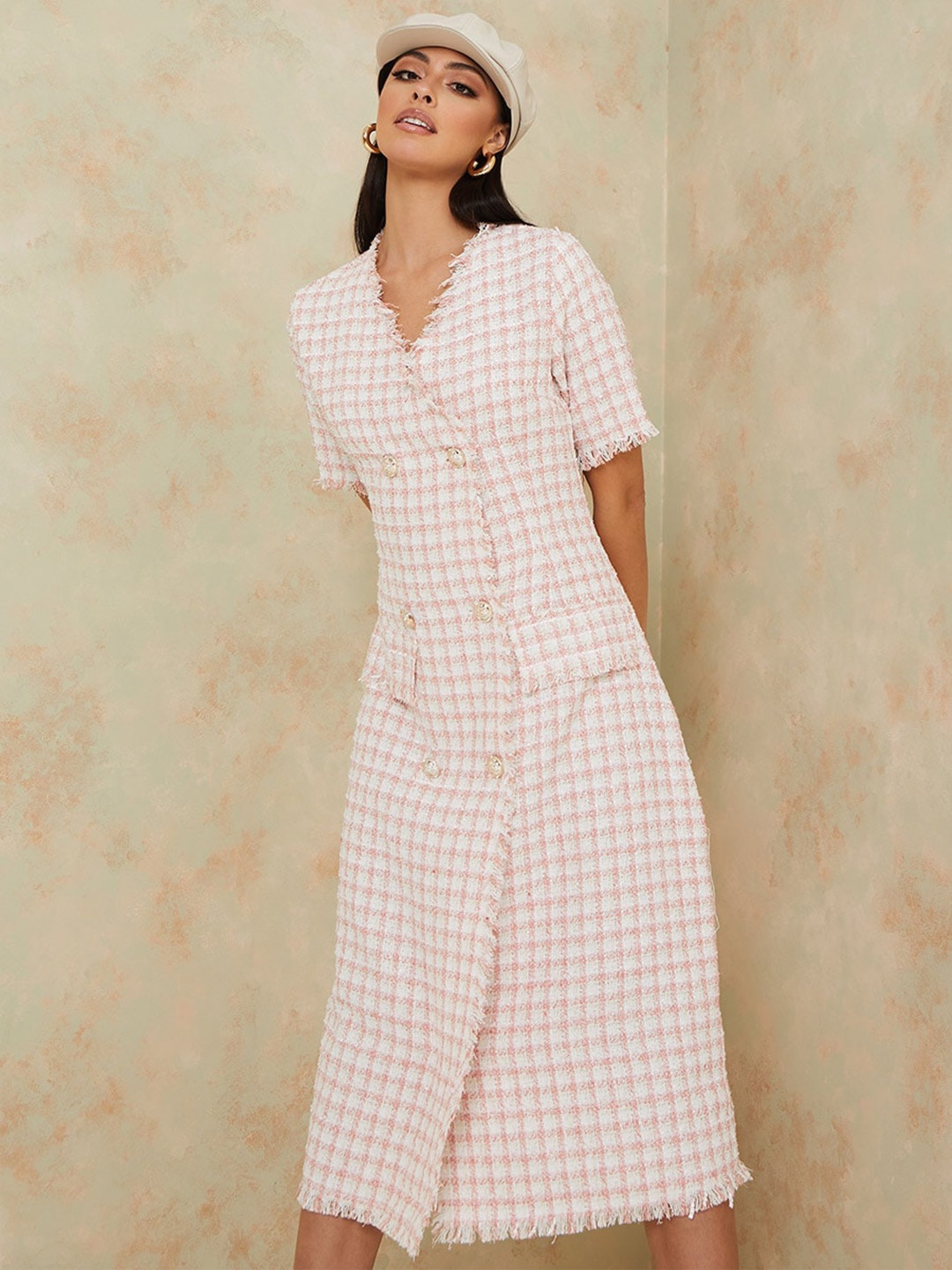 Styli Short Sleeves Checked Dress, Pink