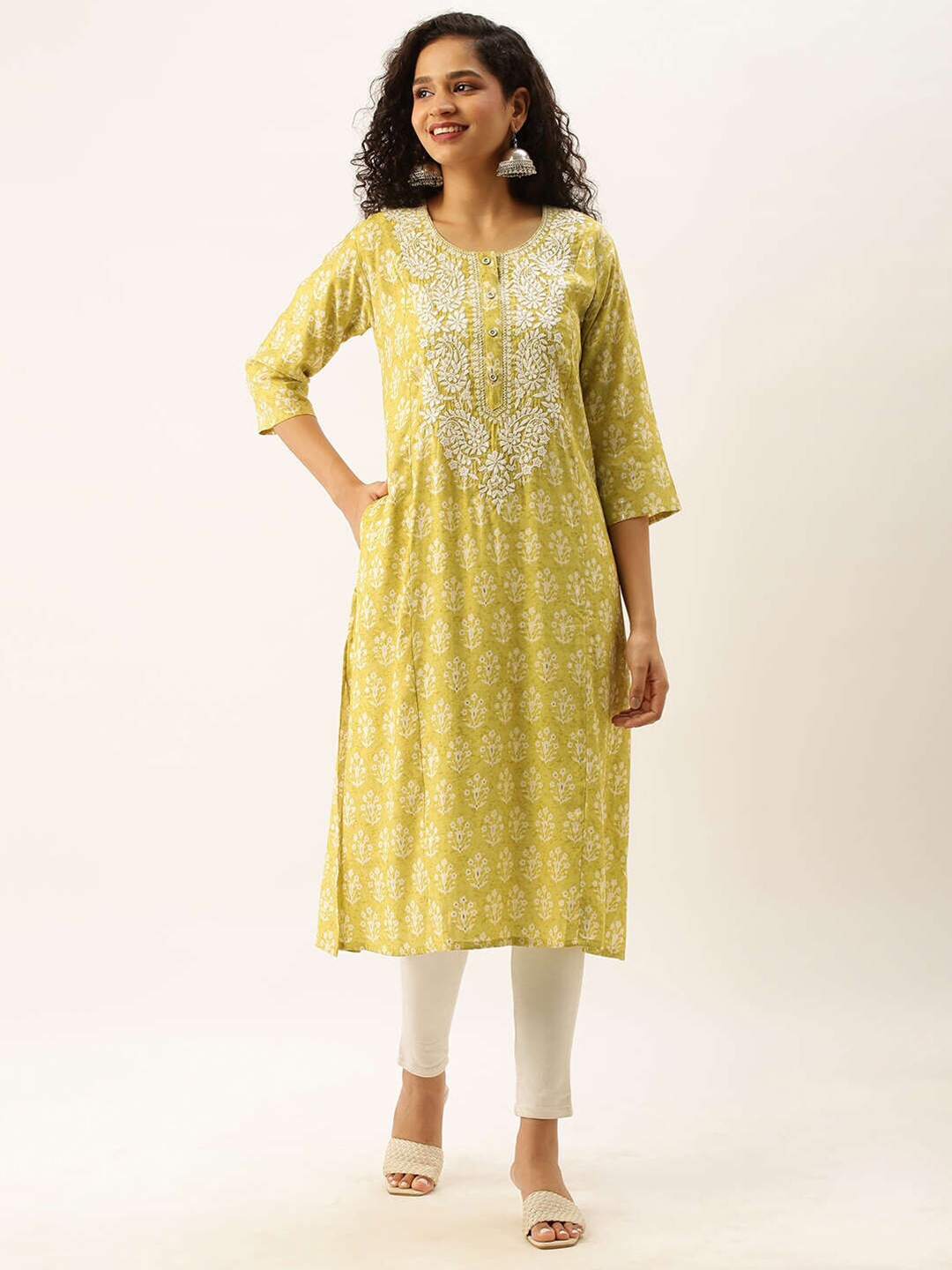 ZOLA Yellow Floral Yoke Design Thread Work Chanderi Silk Thread Work Kurti