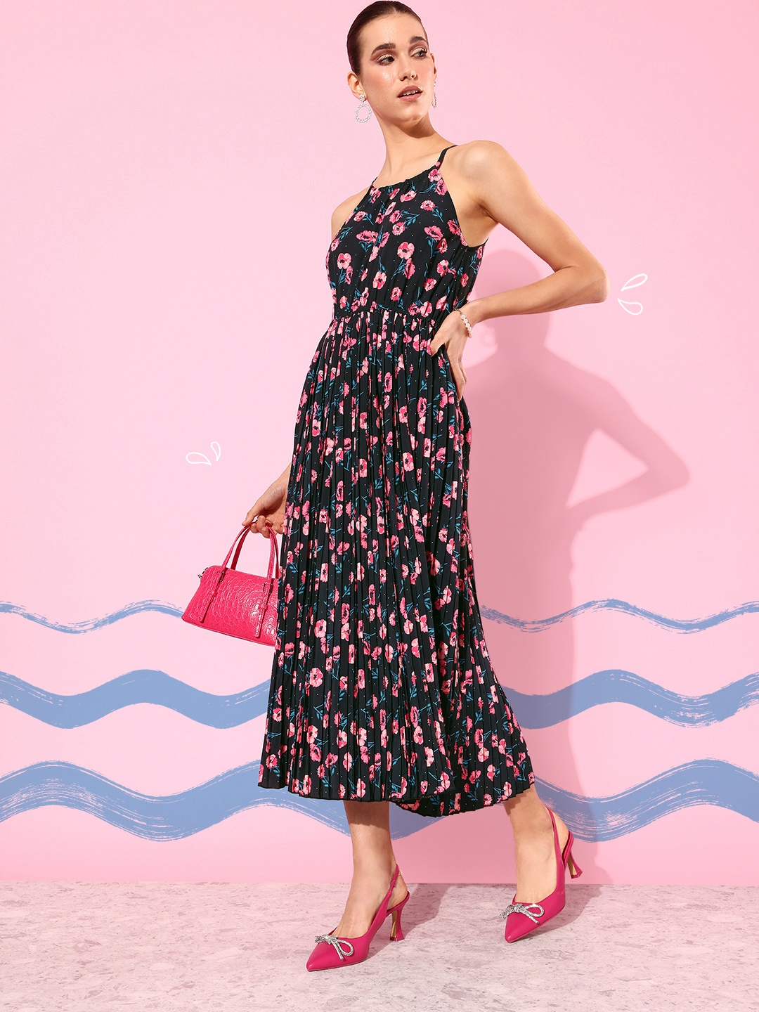 Mast & Harbour Jet Black & Pink Floral Neck It Is Fit & Flare Accordion Pleated Midi Dress
Mast & Harbour Jet Black & Pink Floral Neck It Is Fit & Flare Accordion Pleated Midi Dress