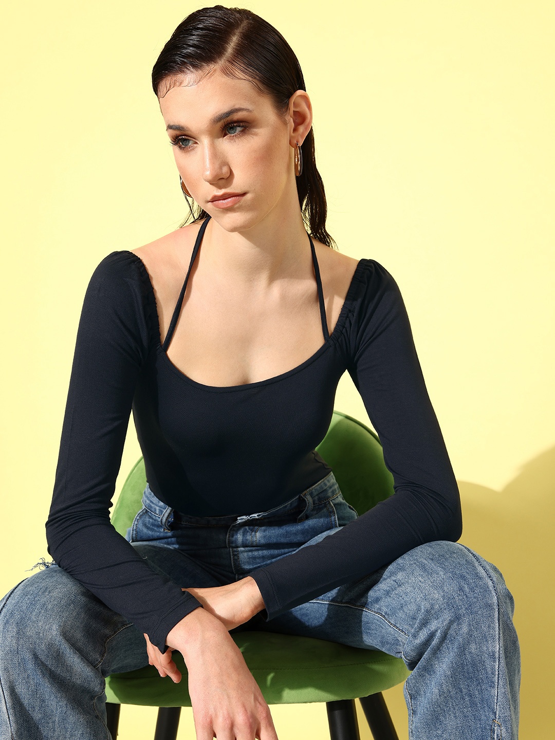 Mast & Harbour Women Solid Long Sleeves Scoop Neck Bodysuit With Tie Up Detailing, Black
Mast & Harbour Women Solid Long Sleeves Scoop Neck Bodysuit With Tie Up Detailing, Black