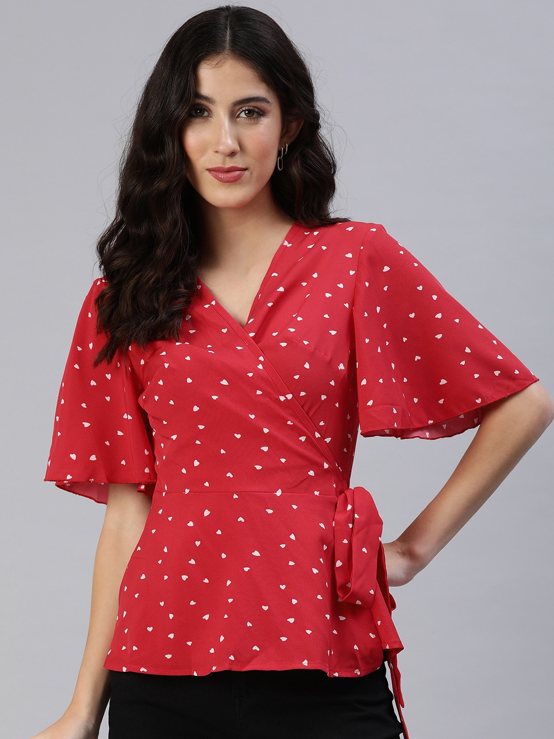 London Rag Conversational Printed Wrap Top, Red