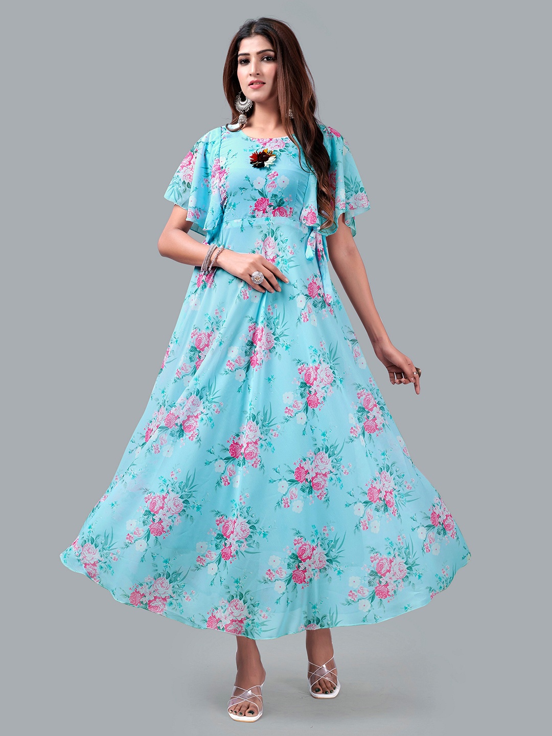 Fashion FRICKS Turquoise Blue Floral Georgette Maxi Maxi Dress