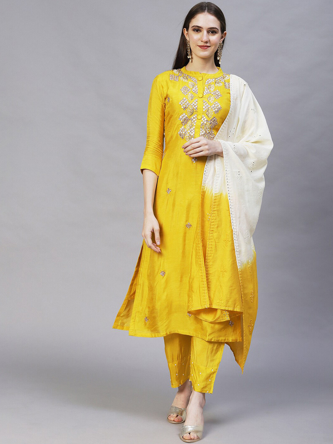 FASHOR Women Floral Embroidered Mirror Work Kurta With Trousers & Dupatta, Yellow 
FASHOR Women Floral Embroidered Mirror Work Kurta With Trousers & Dupatta, Yellow