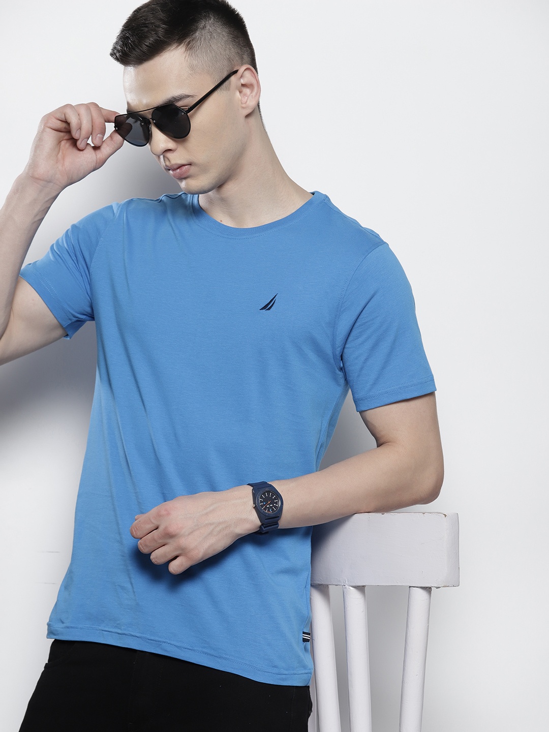 Nautica Men Pure Cotton Solid T-shirt, Blue