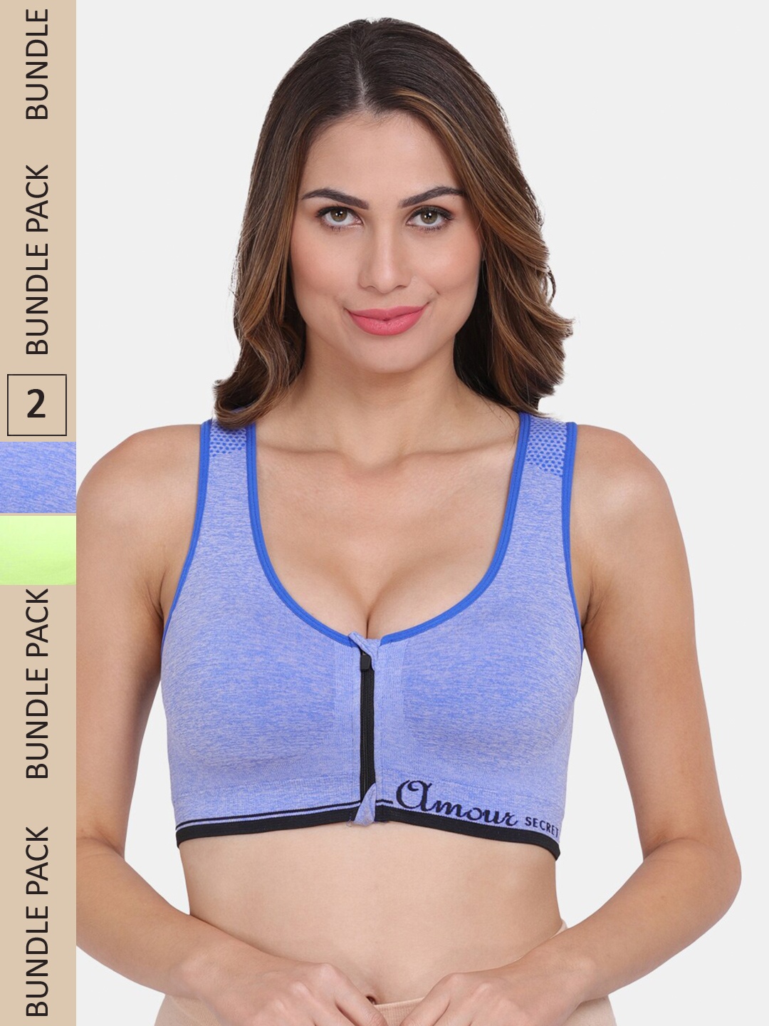 Amour Secret Pack of 2 Anti Odour Lightly Padded Front Zipper Open Seamless Sports Bra, Blue
Amour Secret Pack of 2 Anti Odour Lightly Padded Front Zipper Open Seamless Sports Bra, Blue
