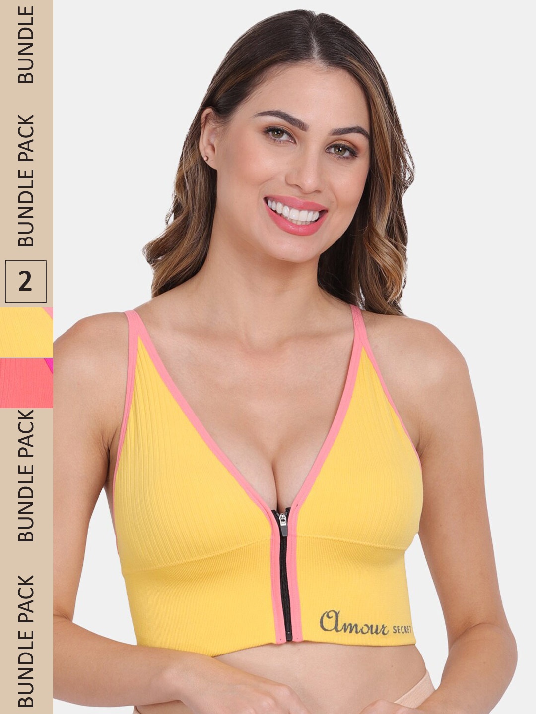 Amour Secret Pack Of 2 Non Wired Removable Lightly Padded Workout Front Zipper Sports Bra, Yellow
Amour Secret Pack Of 2 Non Wired Removable Lightly Padded Workout Front Zipper Sports Bra, Yellow