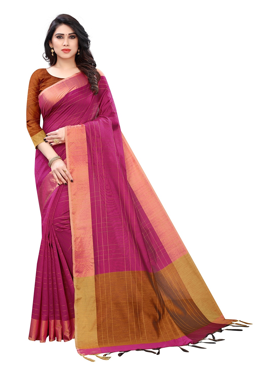 Vrundavan ethics Checked Zari Art Silk Paithani Saree, Pink