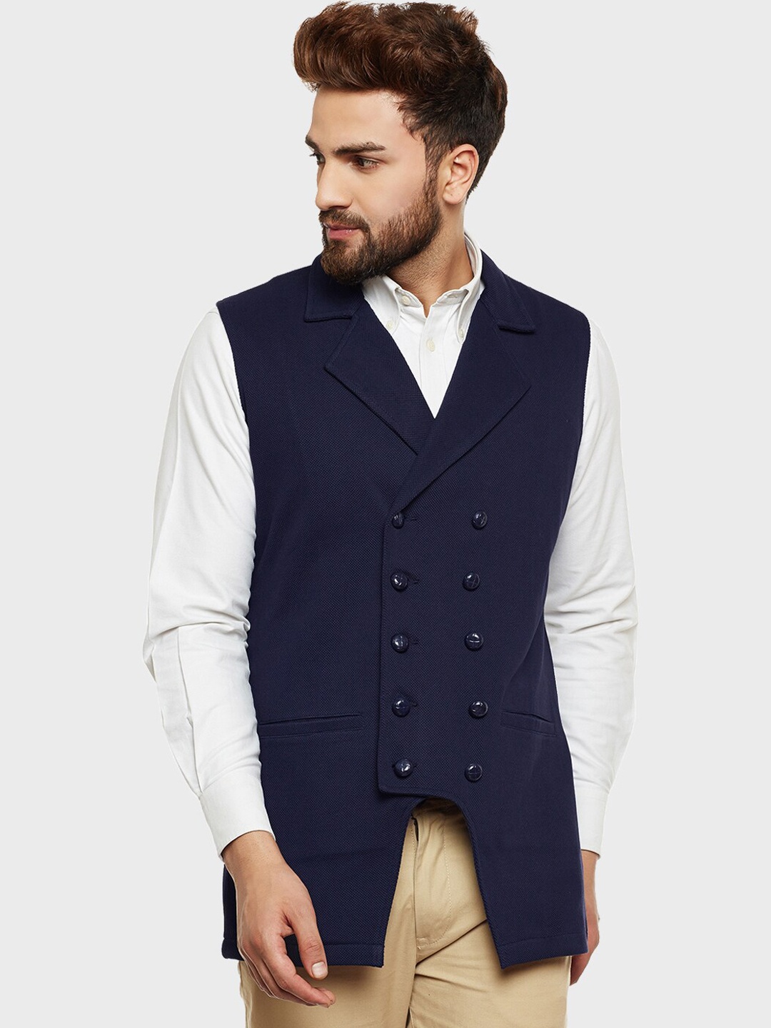 Hypernation Men Pure Cotton Waistcoat, Navy blue