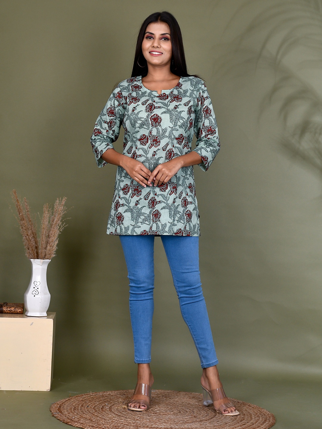 Kesarya Floral Printed Pure Cotton Handloom Kurti, Teal