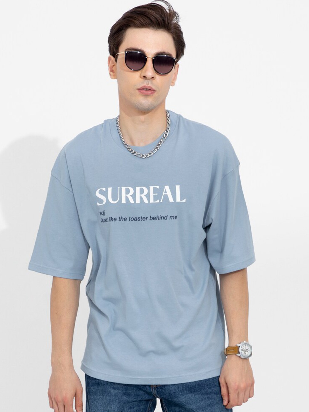 Snitch Men Typography Printed Drop-Shoulder Sleeves Boxy Cotton T-shirt, Blue