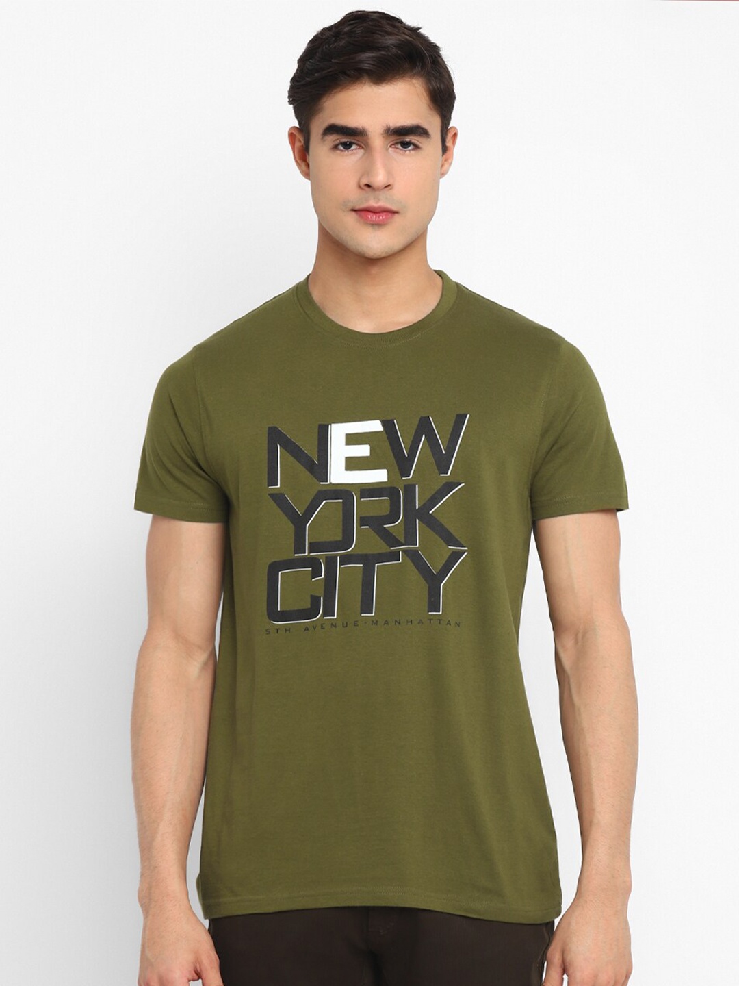 American Crew Men Typography Printed Cotton T-shirt, Olive