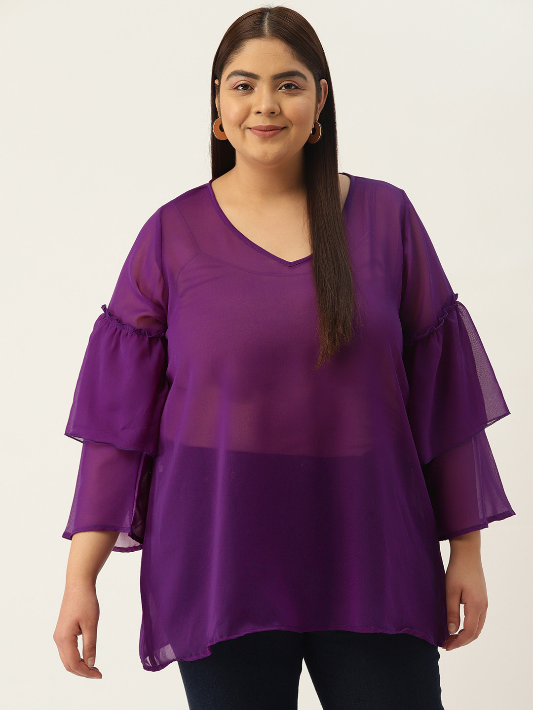 theRebelinme Women Plus Size Ruffles Bell Sleeves Georgette Longline Top, Purple 
theRebelinme Women Plus Size Ruffles Bell Sleeves Georgette Longline Top, Purple