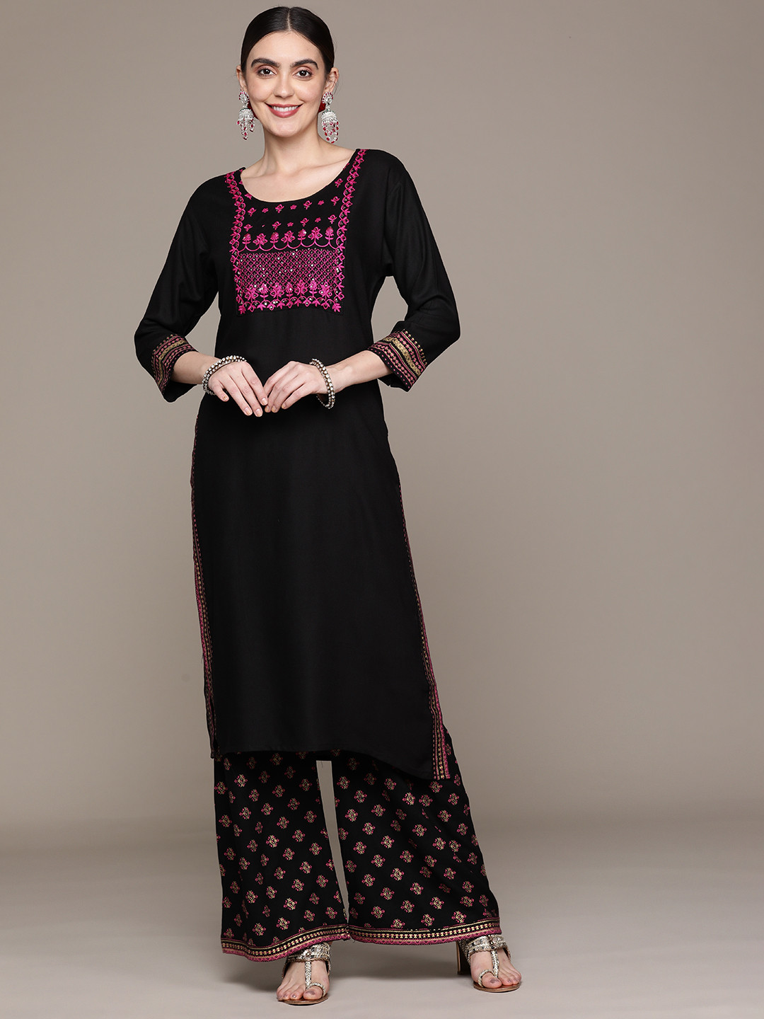 Anubhutee Women Floral Yoke Design Kurta with Trousers, Black 
Anubhutee Women Floral Yoke Design Kurta with Trousers, Black