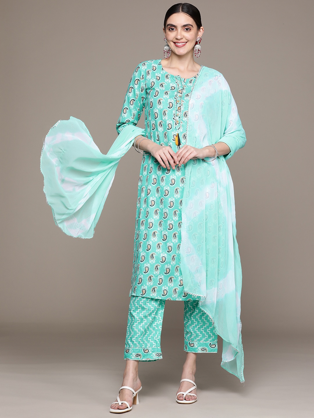 Anubhutee Women Paisley Printed Gotta Patti Pure Cotton Kurta with Trousers & Dupatta, Turquoise blue
Anubhutee Women Paisley Printed Gotta Patti Pure Cotton Kurta with Trousers & Dupatta, Turquoise blue