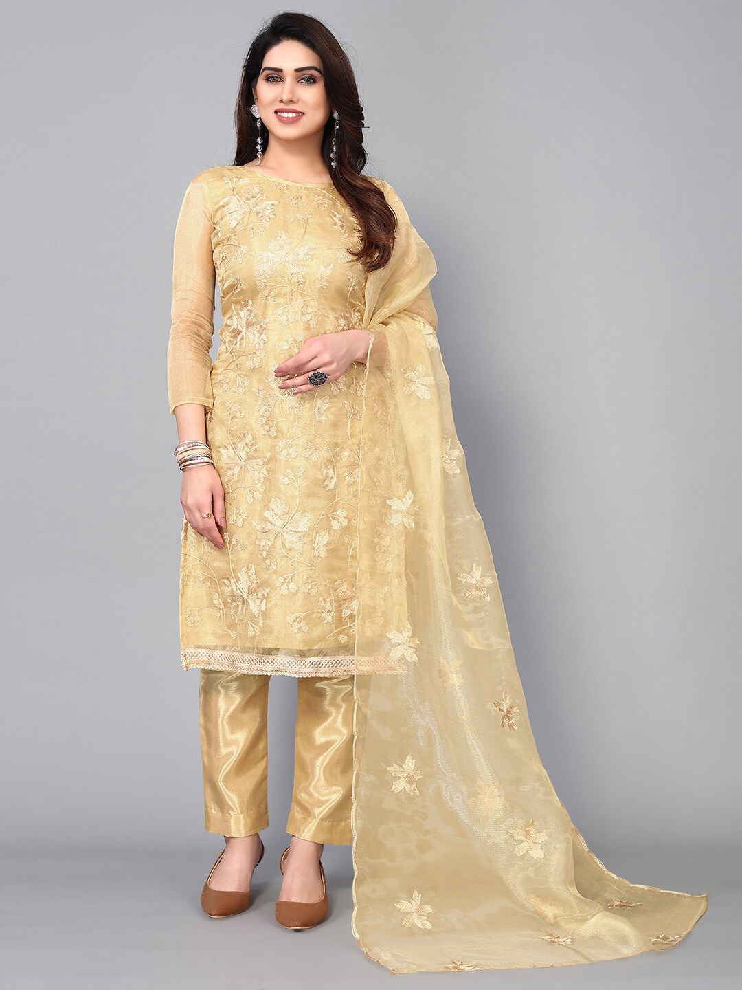 KALINI Embroidered Organza Unstitched Dress Material, Beige