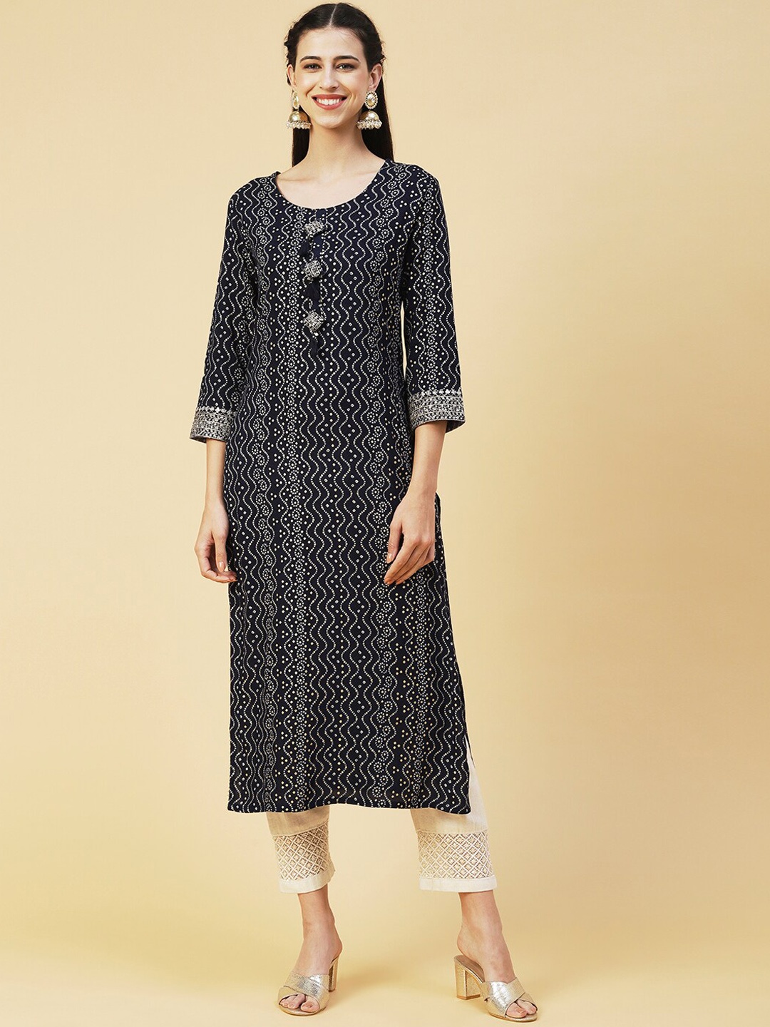 FASHOR Ethnic Motifs Printed Kurta, Navy blue