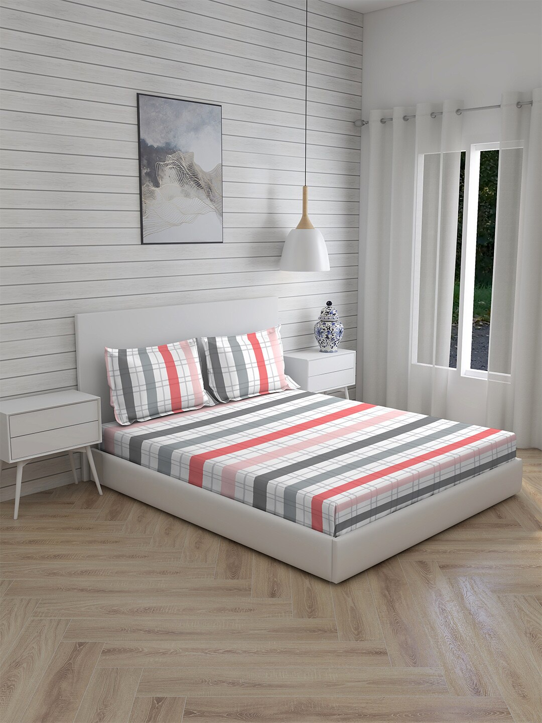 Boutique Living India Akira White & Grey 230 TC Striped King Bedsheet with 2 Pillow Covers
Boutique Living India Akira White & Grey 230 TC Striped King Bedsheet with 2 Pillow Covers