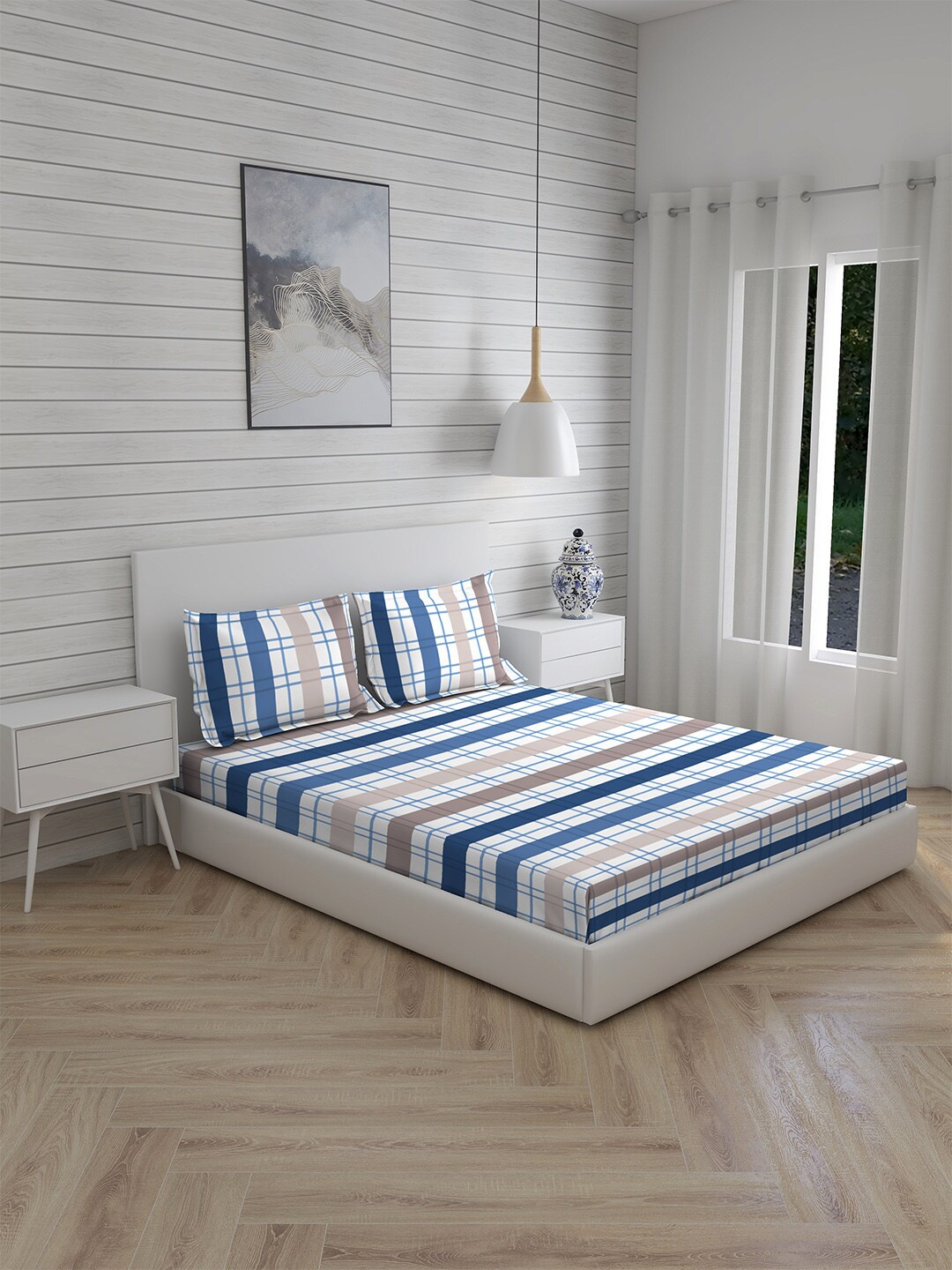 Boutique Living India White & Blue Striped 230 TC King Bedsheet with 2 Pillow Covers