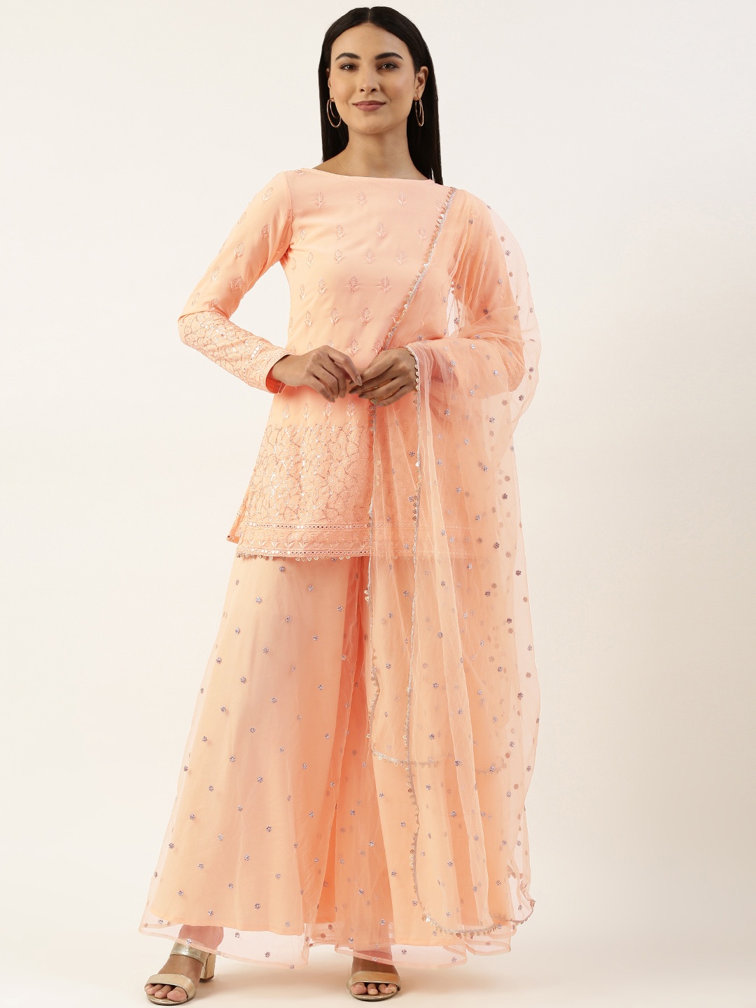 Ethnovog Women Floral Embroidered Regular Sequinned Kurti with Palazzos & Dupatta, Peach
Ethnovog Women Floral Embroidered Regular Sequinned Kurti with Palazzos & Dupatta, Peach