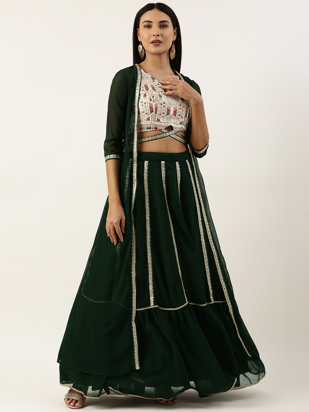 Ethnovog White & Green Embroidered Sequinned Ready to Wear Lehenga & Blouse With Jacket
Ethnovog White & Green Embroidered Sequinned Ready to Wear Lehenga & Blouse With Jacket