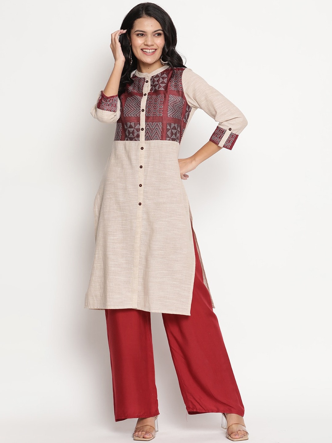 Be Indi Women Mandarin Collar Geometric Straight Side Slits Festive Kurta, Beige
Be Indi Women Mandarin Collar Geometric Straight Side Slits Festive Kurta, Beige