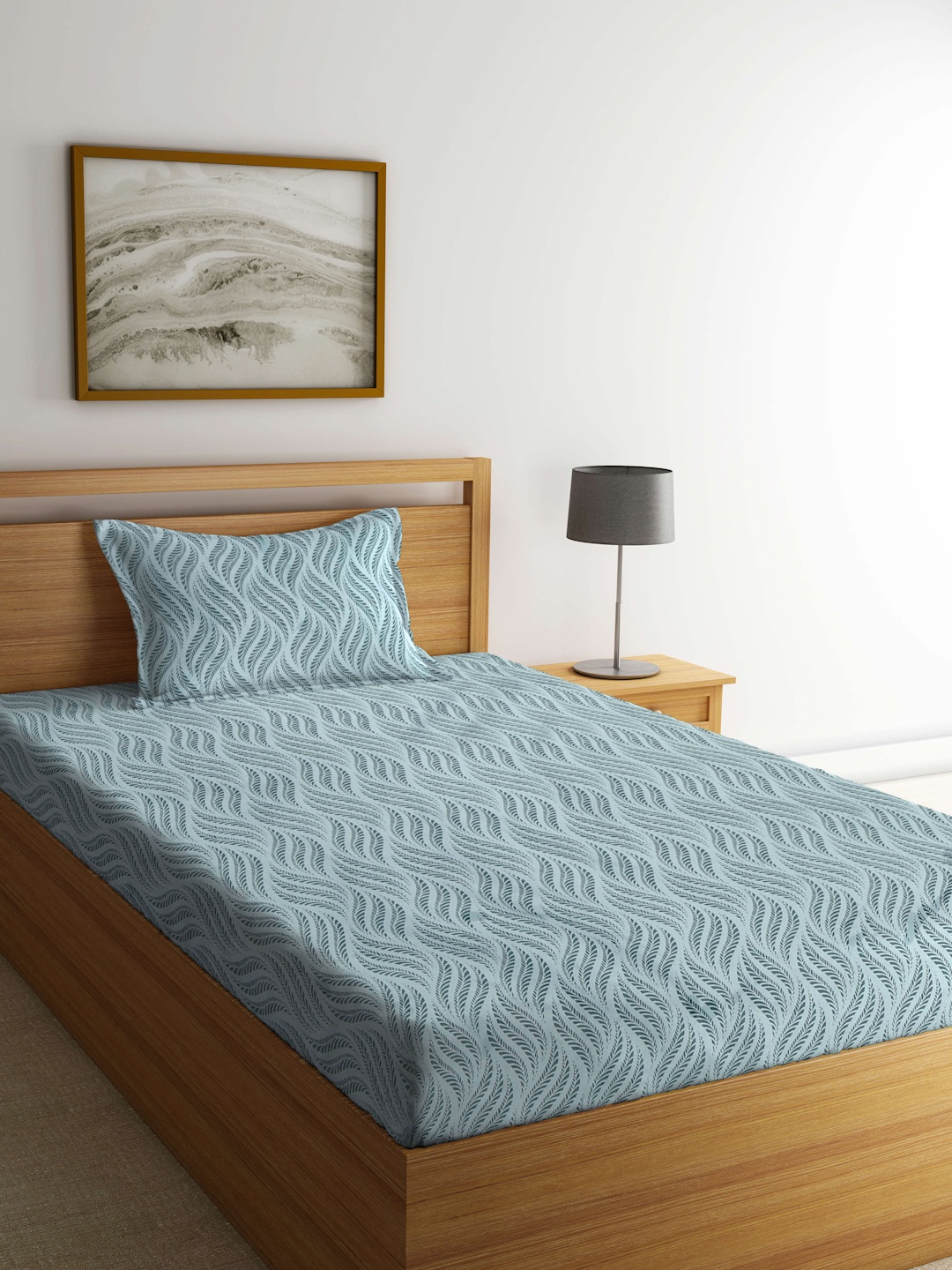 KLOTTHE Blue 300 TC Single Bedsheet with 1 Pillow Covers