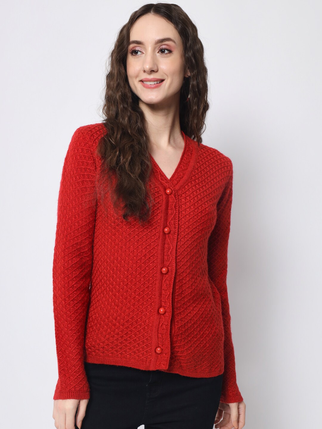 DAiSY Women Acrylic Cable Knit Cardigan, Red